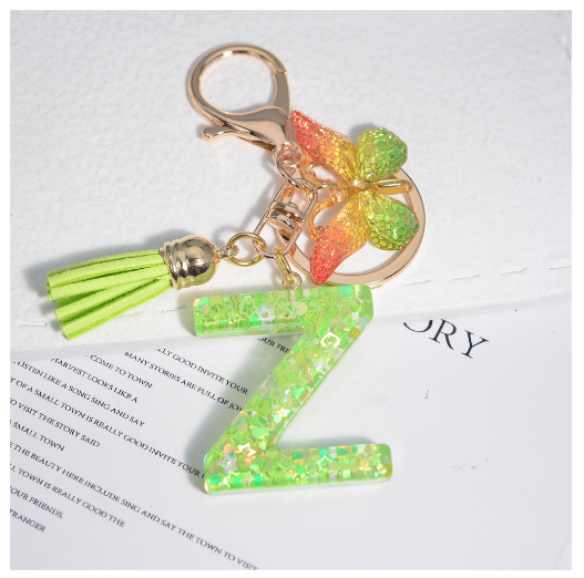 Glitter Green 26 Letter Resin Keychain Fashion Sequin Filled A-Z Alphabet Keyrings For Women Car Key Holder Accessories Souvenir Z