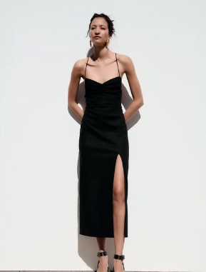 Pleated Drawstring Split Heart-shaped Neck Midi Suspender Dress