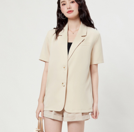 Casual Plain Suit Collar Shoulder Pads Women Blazer (Light Khaki)