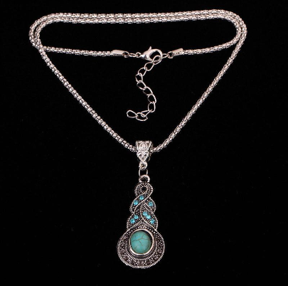 Vintage Turquoise Tibetan Pendant Chain Crystal Necklace