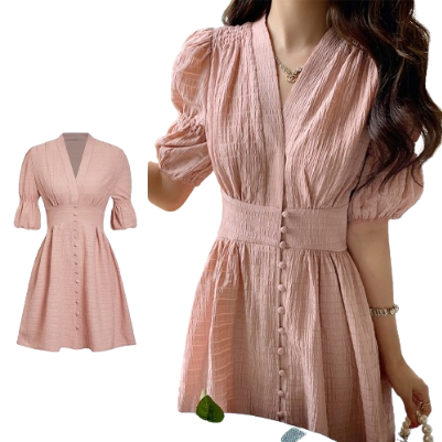 Lovito Women Casual Plain Button Ruffle Dress L74ED343