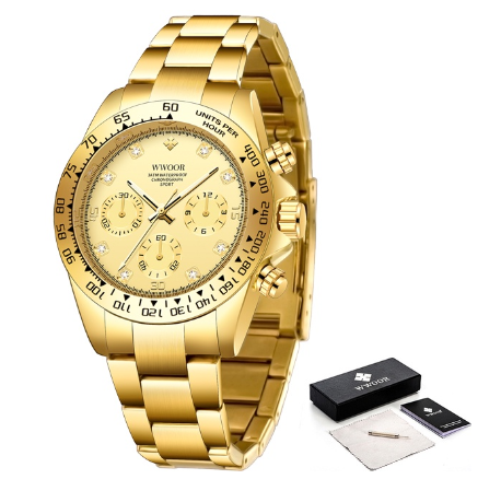 Wwoor Top Brand Mens Sports Quartz Watches Stainless Steel Military Waterproof Three Eyes Chronograph Luxury Wristwatch ALL GOLD