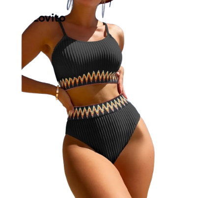 Lovito Women Sexy Striped Fabric Stitching Bikini Sets LNL36077 (Black)