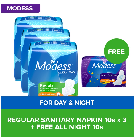 Modess Day and Night Bundle (Cottony Ultra Thin Regular Sanitary Napkins 10sx3+Free All Night 10s)