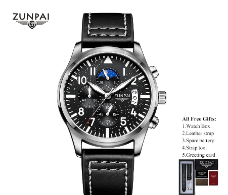 WISHDOIT Watch for Men Original Waterproof Leather Strap Business Sun Moon Star Multifunction Calendar Luminous Fashion Trend Watch SILVER BLACK