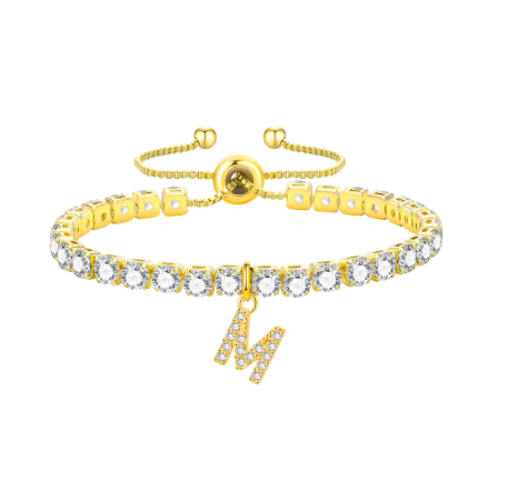 Vnox Cubic Zircon Letter Bracelet for Women Girl,18K Gold Handmade Initial Tennis Shiny Wedding Chain Link Jewelry Gift M