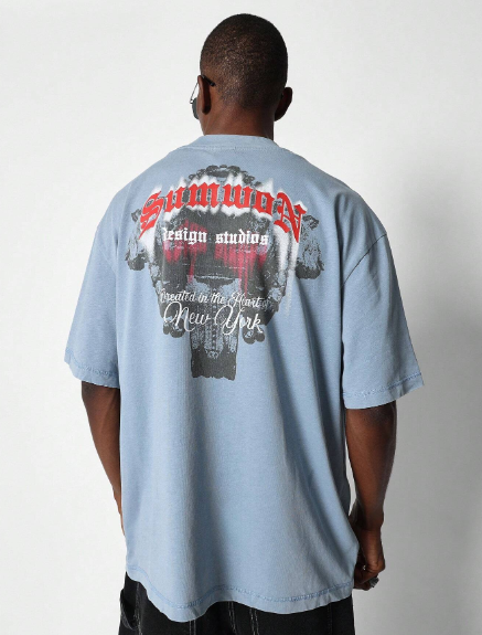 SUMWON Washed Tee With Front Embroidery And Back Graphic Print