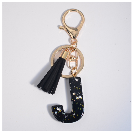 Black A-Z 26 Letter Key Chain Fashion Star Sequin Filled Initials Keyrings For Women Bag Ornaments Charm Car Key Holder Gifts J