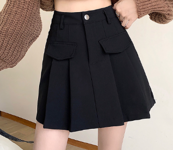 Lovito Women Casual Plain Pleated Fake Pocket Skirts LNE27032 Black