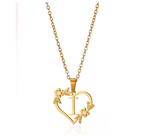 New Personalized Creative Gold Plated Stainless Steel Love Flower Hollow Heart A-Z Letter Necklace Initial Name Pendant Women's I