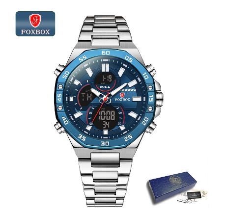 FOXBOX Luxury Men Digital Watch Fashion All Steel Dual Display Watch For Men Casual Waterproof Sports Chronograph Wristwatch SILVER BLUE