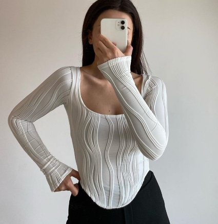 Hot Style Women's U Neck Pleated Long Sleeve Daily Shirts