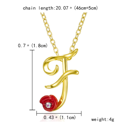 Fashion 26 Letter Necklace Ladies Red Rose Flower Clavicle Pendant Necklace Rhinestone Retro English Letter Necklace F