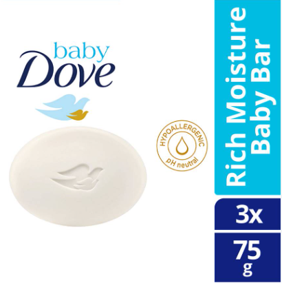 Baby Dove Hypoallergenic pH Neutral Baby Bar Soap Rich Moisture 75g for Dry Skin (Bundle of 3)