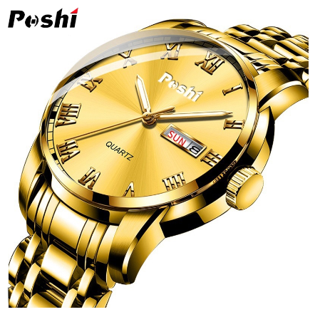 POSHI Original Men Wristwatch Automatic Week Calendar Waterproof Luxury Quartz Watch ALL GOLD