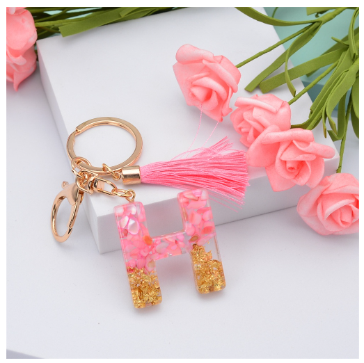 Pink Tassel Gold Foil 26 Letter Pendent Keychain for Women Resin Keyrings Girls Bag Ornamant Accessories Gifts H