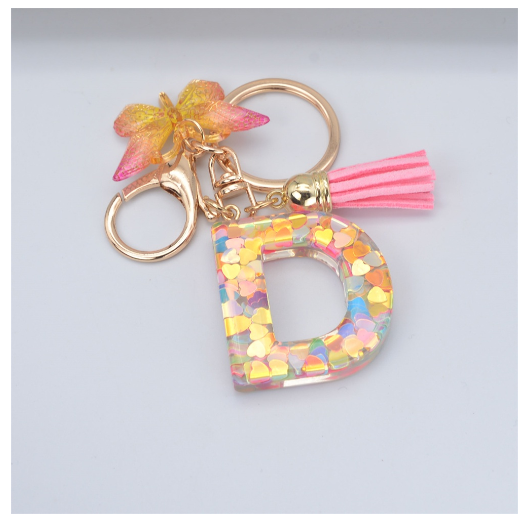 Exquisite 26 Letter Resin Keychain with Pink Tassel Gradient Butterfly Pendant Key Ring Women Bag Ornaments Accessories D