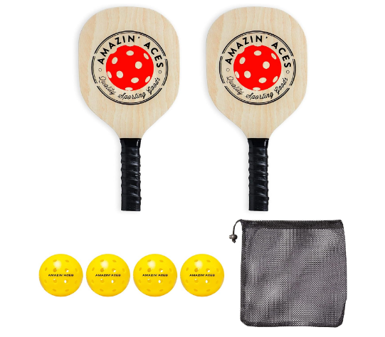 Amazin' Aces Pickleball Wood Paddle Set of 2- Pickleball Paddle Set Includes Wood Pickleball Paddles, 4 Pickleballs, 1 Mesh Carry Bag, and 1 Quality Box (2 Pack)