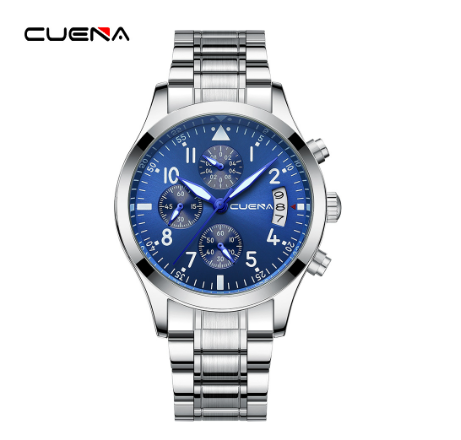 New Original CUENA Men's Watches Fashion Creative Small Dial 41CM Casual Business Sports Stainless Steel Waterproof Quartz Analog SILVER BLUE