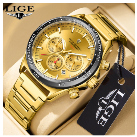 LIGE Men Original High Quality Stainless Quartz Wristwatches Waterproof Chronograph Unique Design Watch GOLD