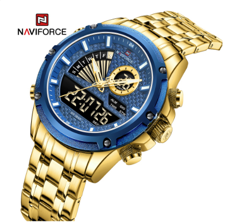 Naviforce NF9205 Men Luxury Top Brand LED Waterproof Full Steel Quartz Digital Military Watch BLUE GOLD