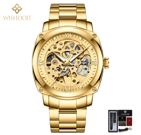 WISHDOIT Automatic Mechanical Watch for Men Original Waterproof Stainless Steel Silver Gold Business Fashion Trend LuminouS Watch ALL GOLD
