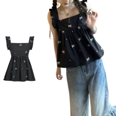 Lovito Women Cute Geometric Ruffle Hem Ruffle Pattern Tank Top L73AD019