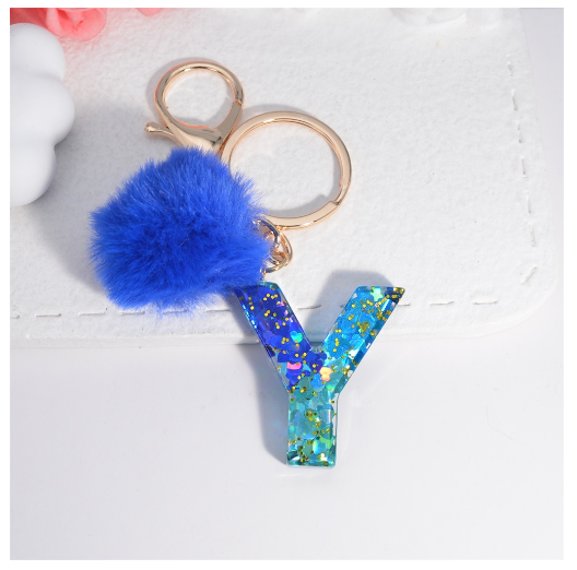 Exquisite Blue Pompom A-Z 26 Letter Keychain Glitter Heart Sequin Filled Initials Keyrings Bag Accessories Charm Car Keyholder Y