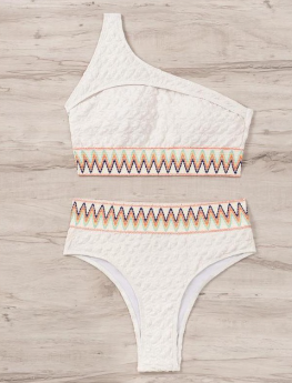 New Women&#39;s Contrast Panel One Shoulder Cutout High Waist Textured Bikini Set