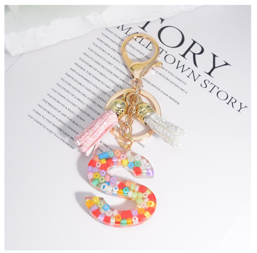 Colorful Beades Filled A-Z 26 Letter Keychains For Women Fashion Initials Keyring With Tassel Bag Pendant Accessories Souvenir S