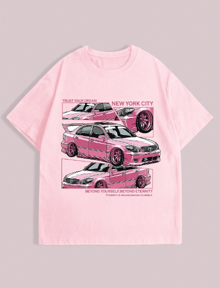 Men Car & Slogan Graphic Tee For Summer