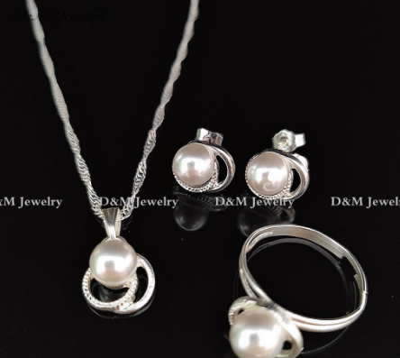 D&M Jewelry 925 Silver 3 in1 Pearl Set Earrings Necklace Ring Size Adjustable For Women