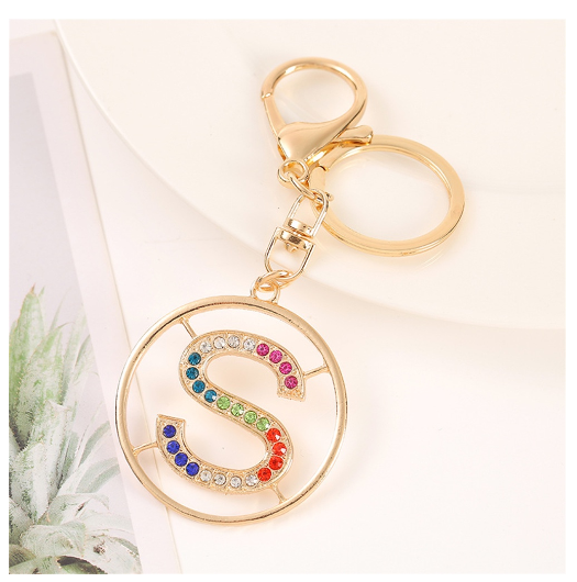 Colorful Rhinestone A-Z Letter Keychain Hollow Round Initials Alloy Keyring Bag Pendant Ornament DIY Accessories Charms Gift S