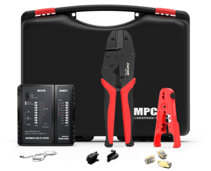 Ampcom Network Tool Kit, Professional RJ45 Tool (CAT7 Crimper, 10PCS CAT7 Connectors, Network Cable Tester, Stripping Tool)