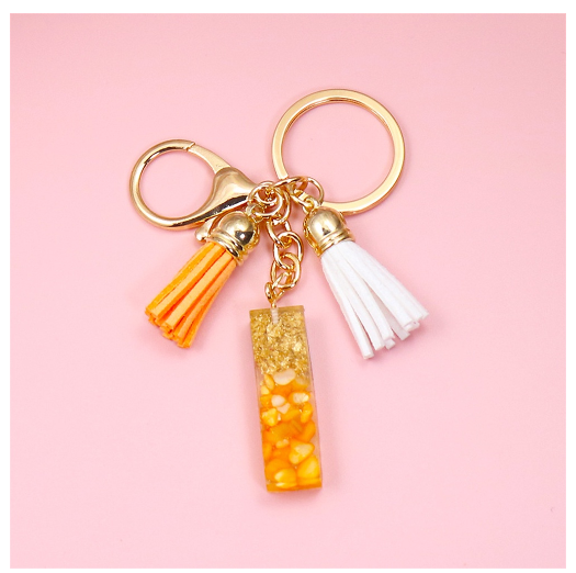 Tassel Gold Foil A-Z 26 Letter Pendent Keychain for Women Orange Resin Keyrings Girls Bag Ornamant Accessories Charms Gifts I