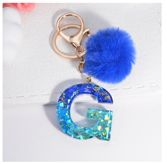 Exquisite Blue Pompom A-Z 26 Letter Keychain Glitter Heart Sequin Filled Initials Keyrings Bag Accessories Charm Car Keyholder G