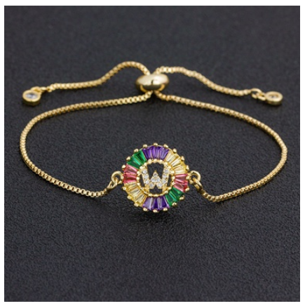New Fashion A-Z Initial Colorful Cubic Zircon Letter Bracelets Adjustable Chain Rainbow Jewelry W