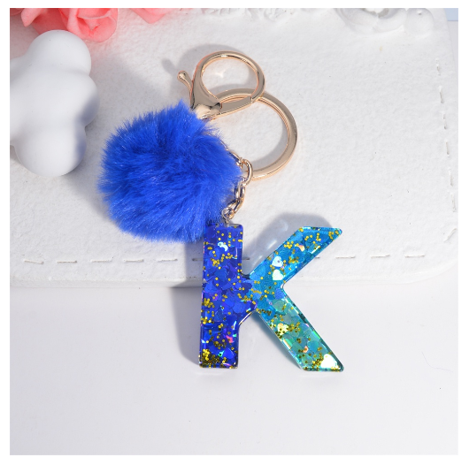 Exquisite Blue Pompom A-Z 26 Letter Keychain Glitter Heart Sequin Filled Initials Keyrings Bag Accessories Charm Car Keyholder K