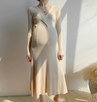 Maternity Knitted Dress Elasticity Autumn Pregnant Clothes Long Sleeve Maternity Gown Photography Photo Shoot Pregnancy Dress