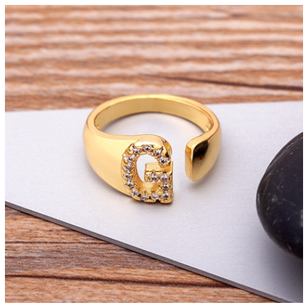 Fashion Chunky Wide Hollow A-Z Letter Gold Color Opening Ring Initials Name Alphabet Female Jewelry G