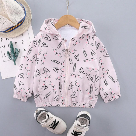1pc Girls' Bunny Print Zip Pocket Hooded Fleece Jacket