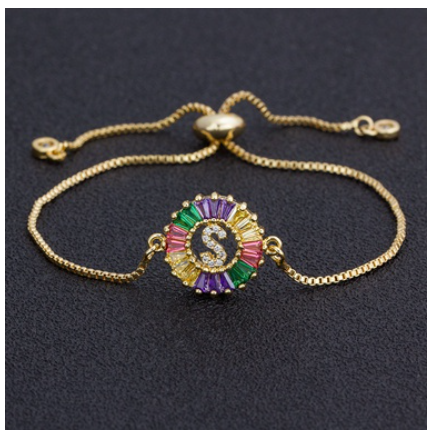 New Fashion A-Z Initial Colorful Cubic Zircon Letter Bracelets Adjustable Chain Rainbow Jewelry S