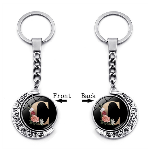 1PC Exquisite 26 Letter Glass Keychains Double Sides Moon Flower A-Z Initials Keyrings Handbag Charms Ornaments Gifts C