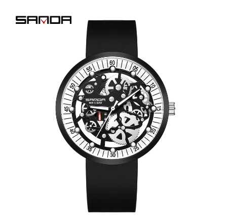Sanda Trendy Energetic Fashionable Simple Luxurious Drop Resistant Waterproof Stone Rock Watch BLACK WHITE