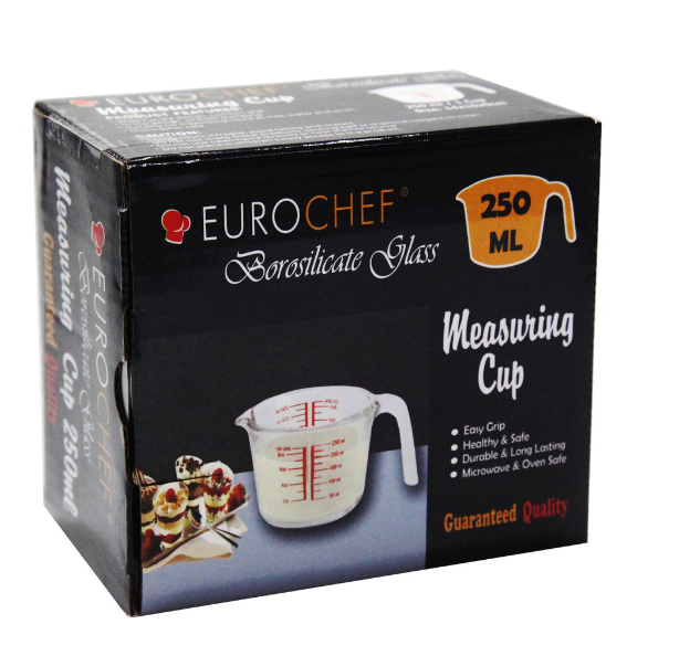 Eurochef 250mL1Cup Borosilicate Glass Measuring Cup with Measurements Markings Clear Microwave Oven