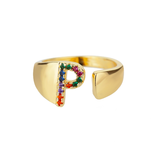 Maxzone Fashion Colorful Chunky Wide Letter A-Z Rings For Women Gold Opening Initial Letter Ring Femme Wedding Party Jewelry P