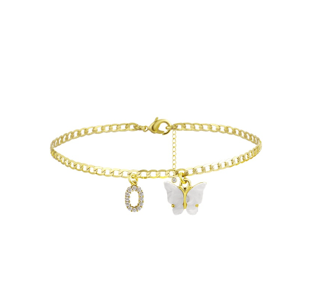 Fation Dainty Butterfly Initial Ankle Bracelets Handmade Cuban Chain White Butterfly A-Z Alphabet Letter Initial Anklets Summer Beach O
