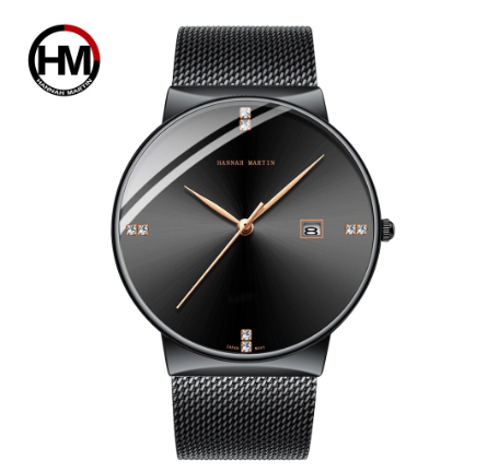 Hannah Martin Fashion Blue Black Gradient Men Watch Diamond Business Waterproof Calendar Wristwatch Japanese Movement Quartz BLACK GOLD