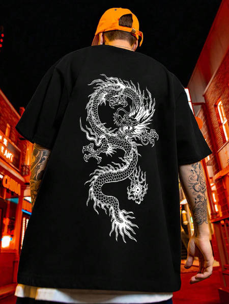 Manfinity LEGND Men Plus Chinese Dragon Printed Round Neck T-Shirt