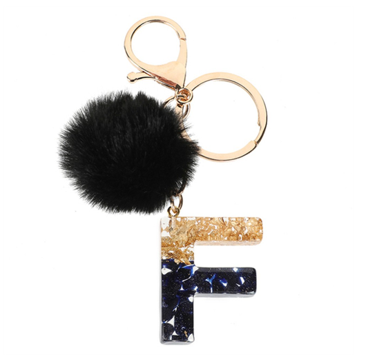 New Black Pompom 26 English Alphabet Resin With Gold Foil Keychain Charms Exquisite Letter Keyring F
